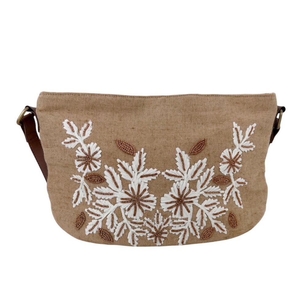 Chico's Boho Cottagecore Beaded Neutral Embroidered Floral Crossbody Bag Purse